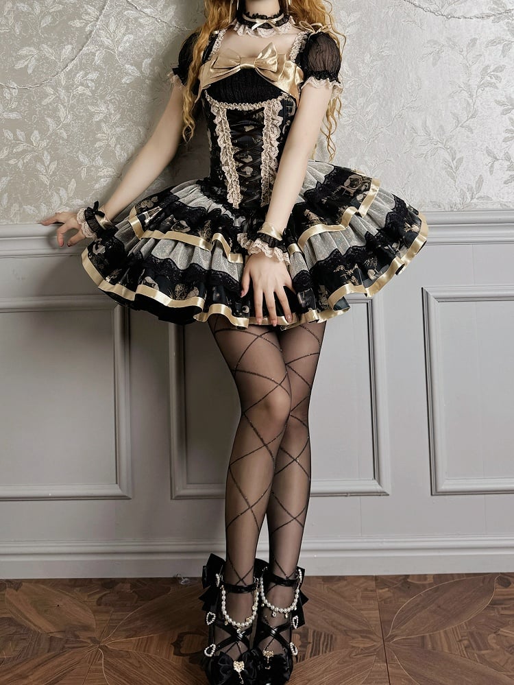 Print Puff Short Gold Dress Corset Bunny Lolita and Black Kitty Sleeves