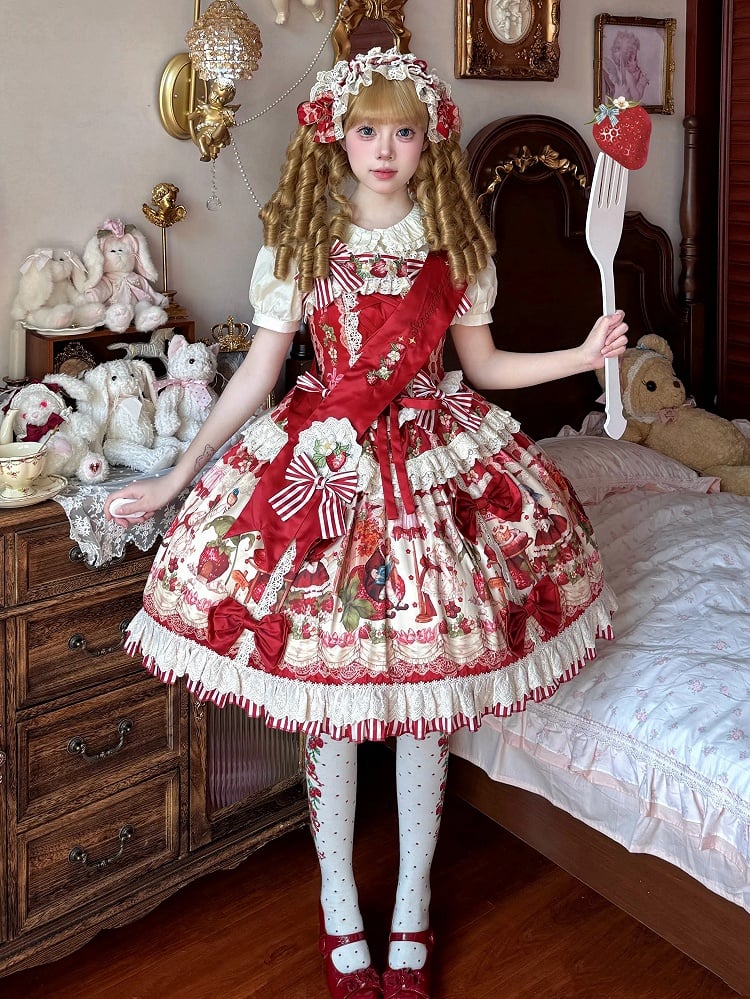 Red and Strawberry Print Dress Skirt Sweet Lolita Jumper Bunny