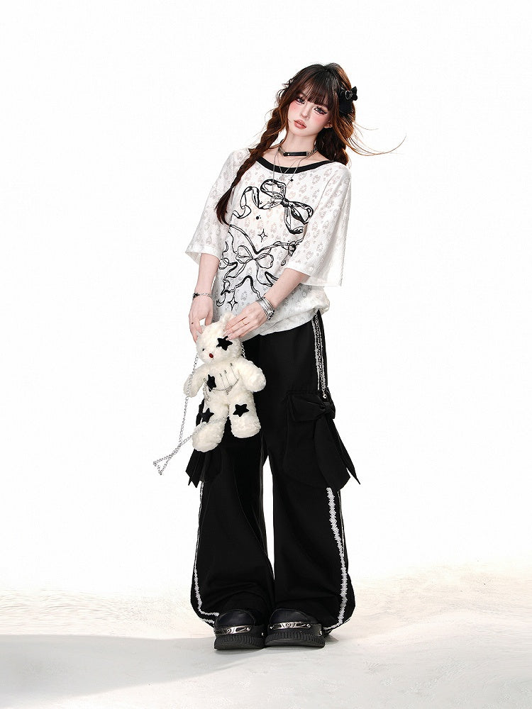 Blue/White Semi-sheer Bowknot Print Backless T-Shirt with Bow