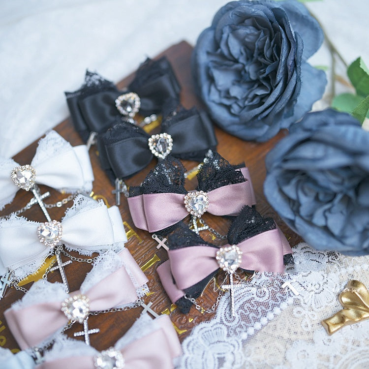 5 Heart Rhinestone Lace Trim Jirai Kei Bow Hairclips Chain Colors Cross
