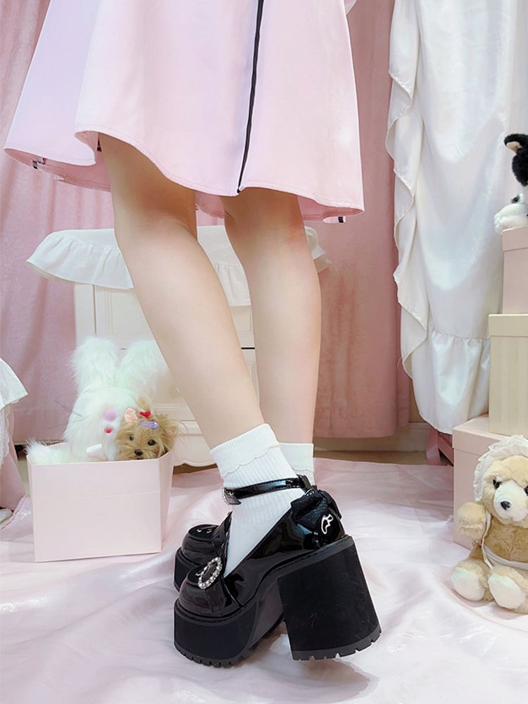 Landmine Style Jirai Polished Platform Shoes Heels Black Chunky Kei