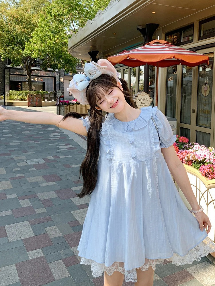 Dress Light Blue Ruffle Collar Puff Sleeves Sweet