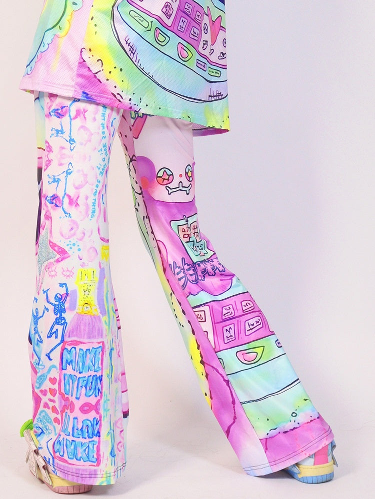 Cartoon Silhouette Pants Flare Print Y2K Colorful