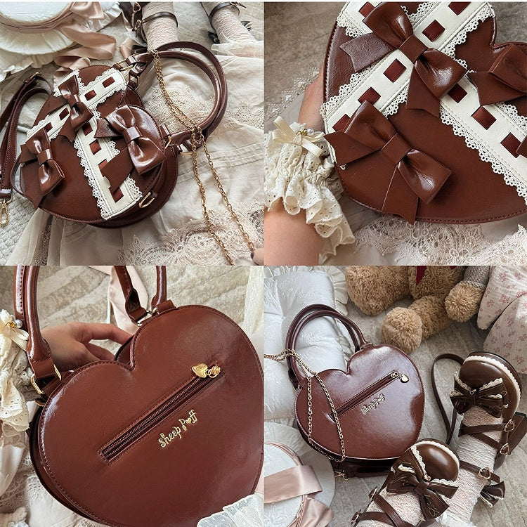 PU-Tasche mit süßen Details, Herz-Schleife, braunes Leder an den Riemen, gewellter Saum