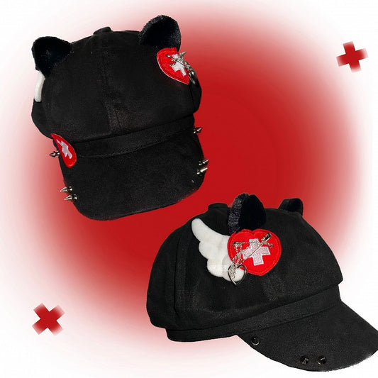 ブラック Y2K 猫耳スタッド ハート クロス ウィング キャップ