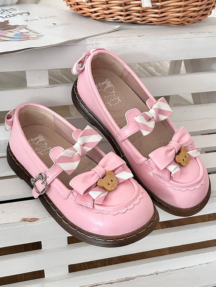 - 2cm Sweet with Uniform Striped Flats Pink Bow PU Lolita Sole