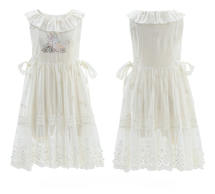 Side Self-tie Fawn Embroidery Chiffon Overdress Neckline with White Semi-Sheer Ruffle Straps