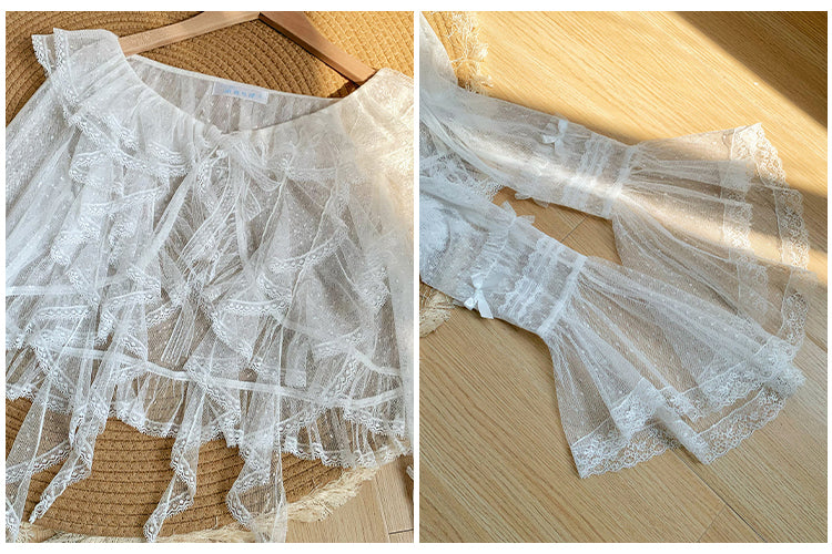 Sheer Dotted Cascading Trim Top White Ruffle Tulle Sleeves Long