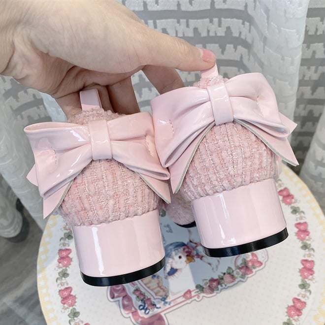 Rosa Lolita Mary Janes mit Schleife und runder Spitze, 3,5 cm Blockabsatz
