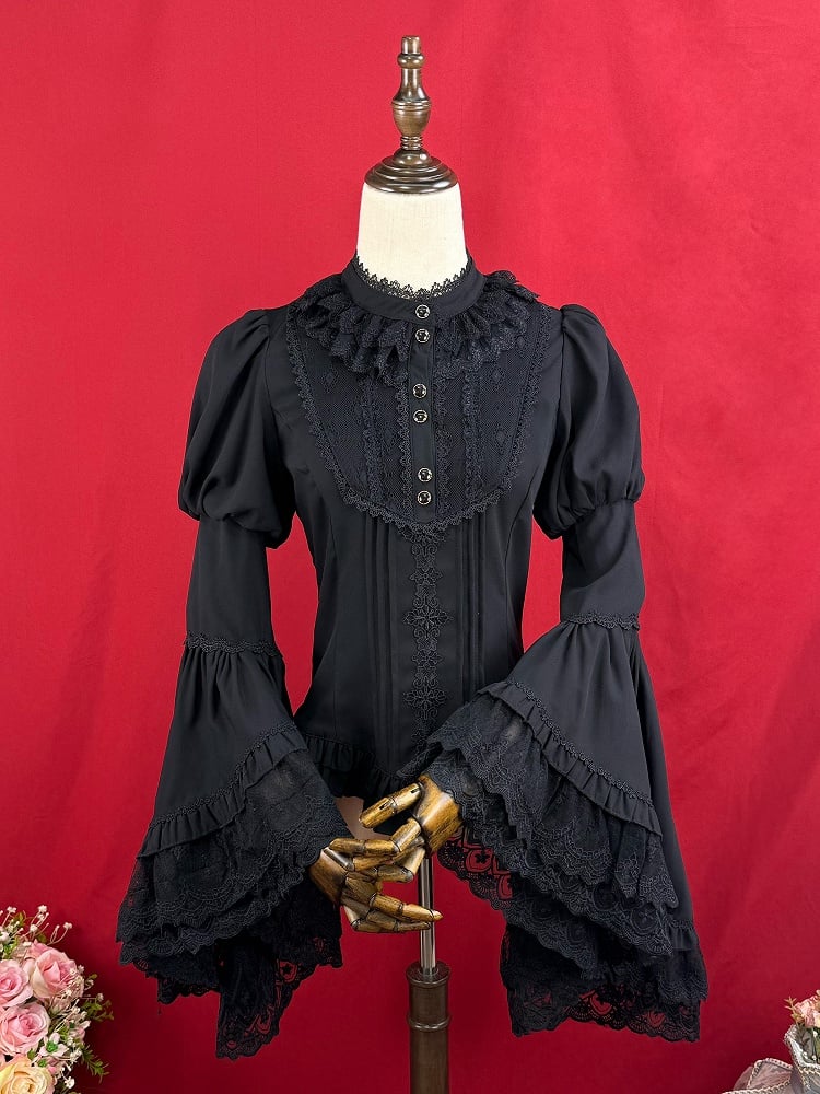 Schwarze elegante Bluse mit langen Glockenärmeln