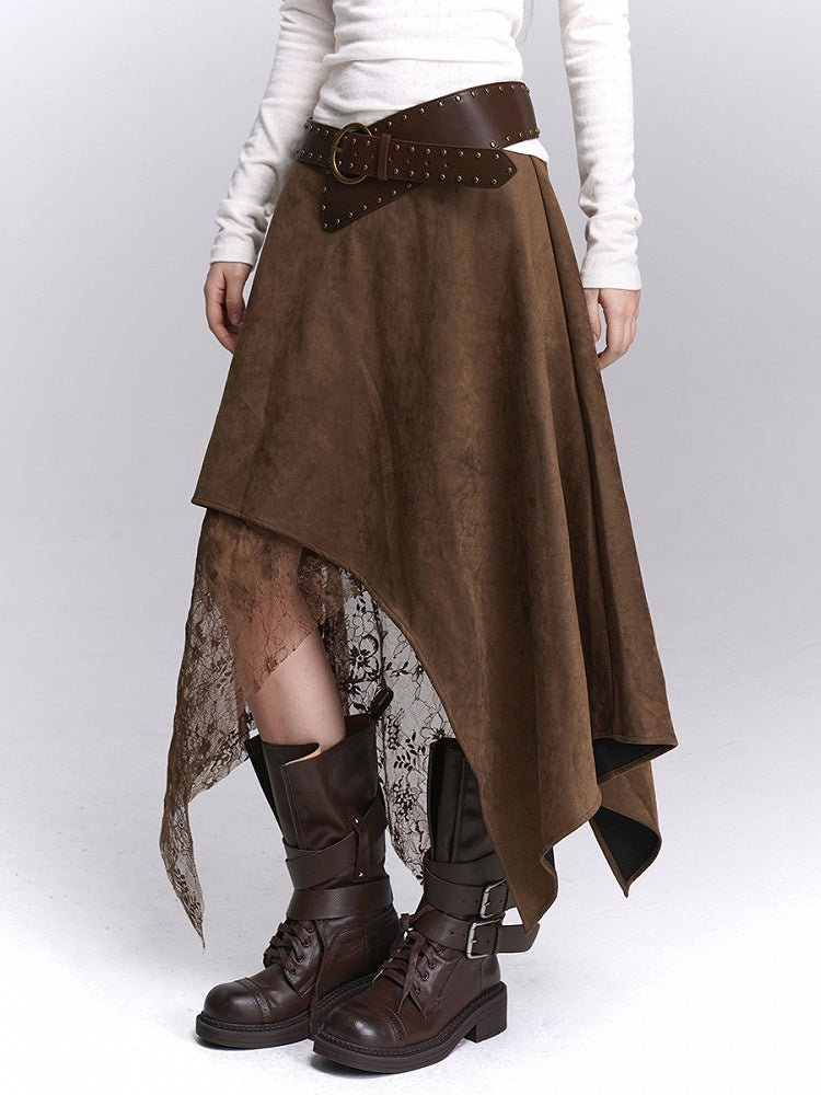 with Fashion Lace Handkerchief Hem Coffee Skirt Details Wasteland Patchwork Millard Suede