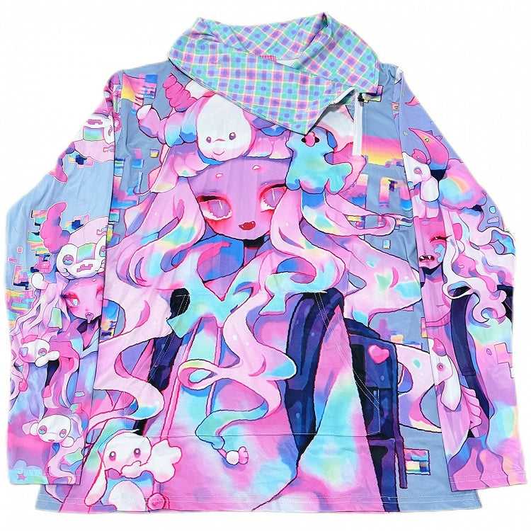 Cartoon Print Neck Top Schildkröte Übergroßes buntes Muster Lange karierte Ärmel Y2K