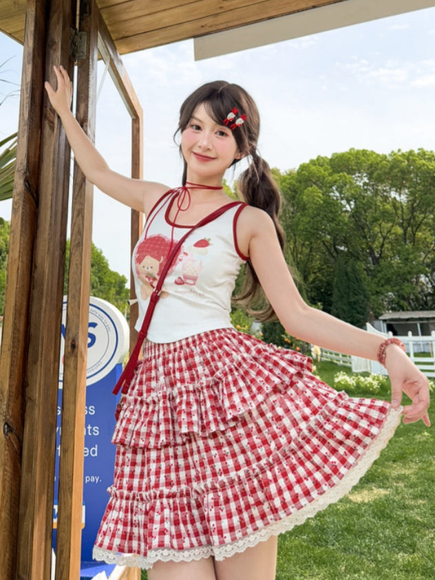 Sweet Plaid Tiered Skirt Trim Red Allover Cherry Print Lace