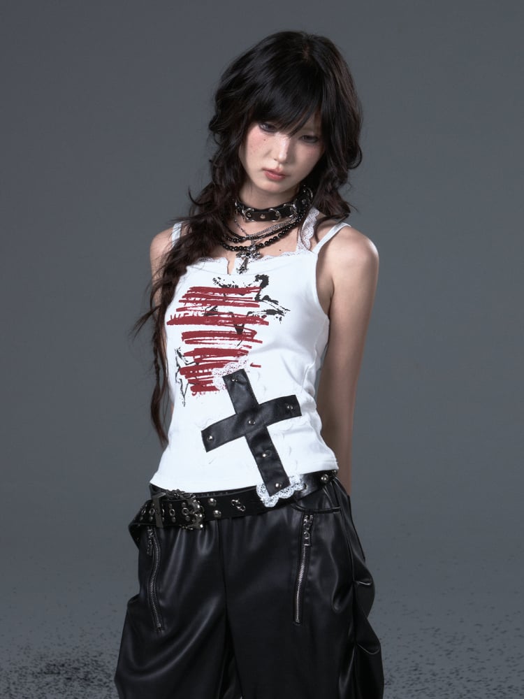 White Punk Star Graffiti Cami with Lace Studded Cross Top