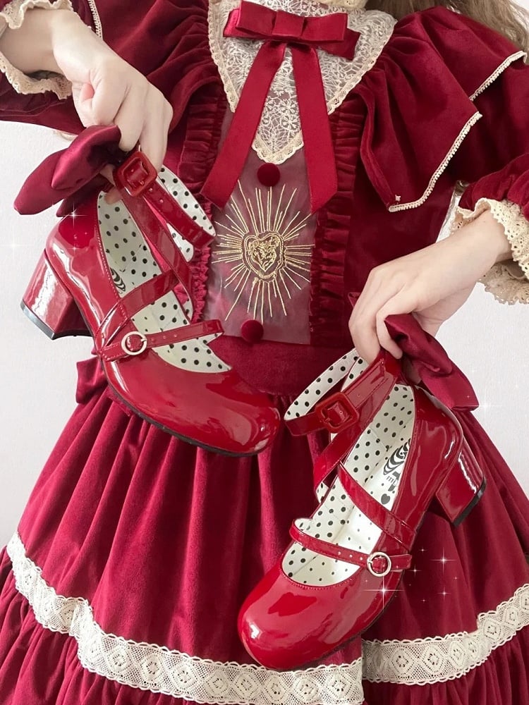 Accent Bow Crisscross Heels Mid Red Design Sweet Toe Round - Lolita