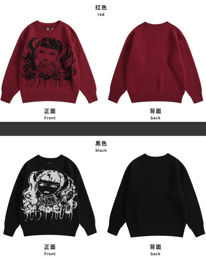 Wine Red/Black Y2K Girl Pattern Sweater with Free Choker