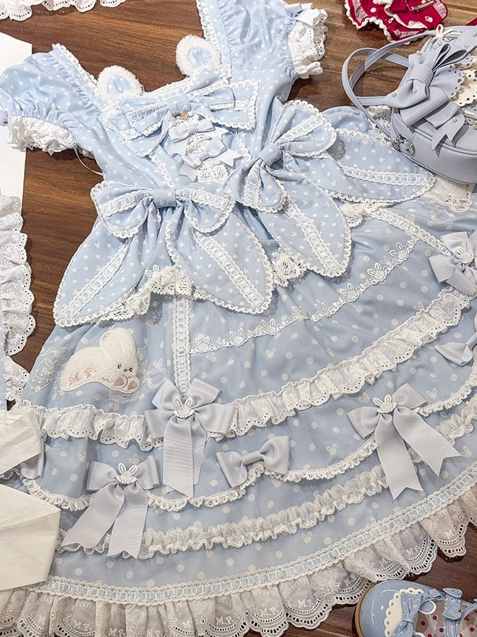 Dots Blue Neckline Gorgeous Bunny Pattern Square Dress Sweet Polka Plush Ears Version Lolita