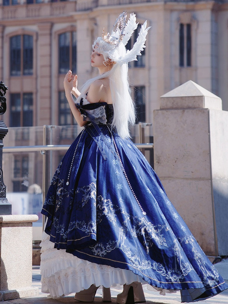 Dark Blue and White Gorgeous Train Dress Lolita Jumper Skirt