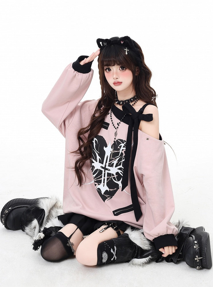 Pink Asymmetrical Neckline Self-tie Strap Heart and Cross Sweatshirt