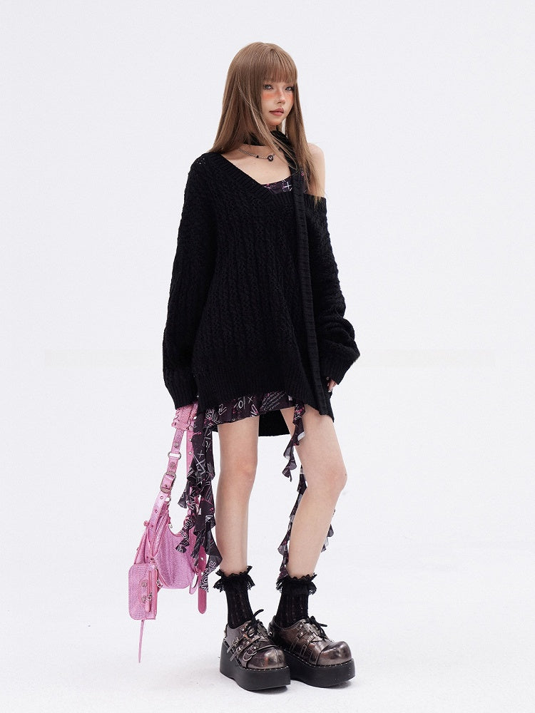 Apricot/Black V-neck Hollow-out Knitted Sweater