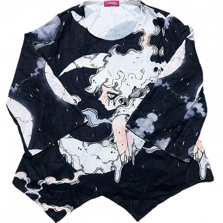 Fashion Black Moon Sleeves Protection Top Long And Gyaru Cartoon Print Sun