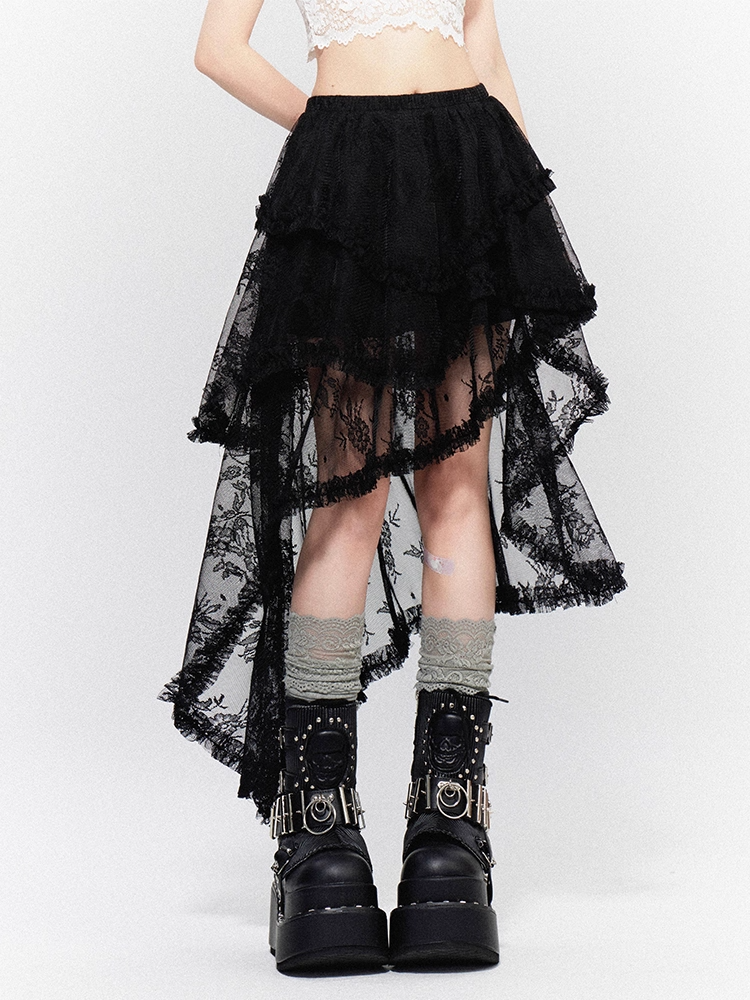 Tiered Lace Asymmetrical Hem Black Skirt with