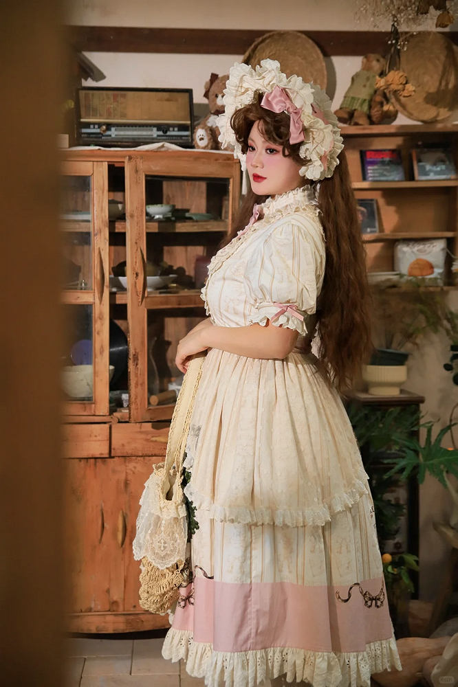 Piece Cotton Lolita Sleeves Sweet Plus Short Creamy One Available Sizes Dress