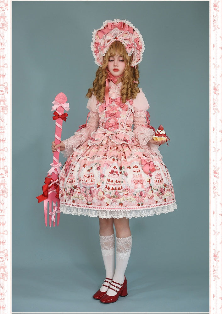 Full Print / Pink Set and JSK Lolita Desserts Sweet Strawberry Bow Accents