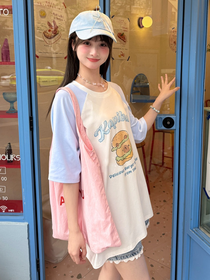 Blue Colorblock Design Capybara Burger Print T-Shirt Long/Short Version