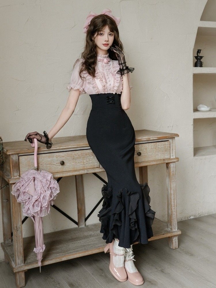Pieces Pink Waist Blouse Elegant Fake Two Lolita Boned Skirt Design Black and Dress Mermaid