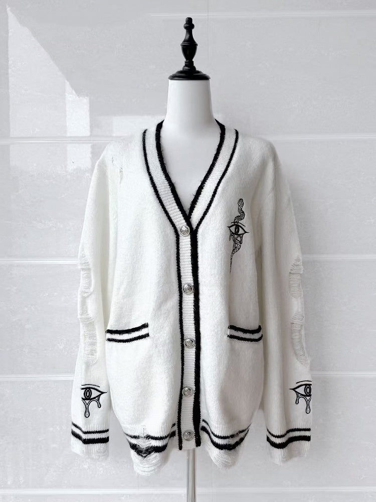 with Eye and Snake Embroidery Distressed Holes Knit Cardigan White