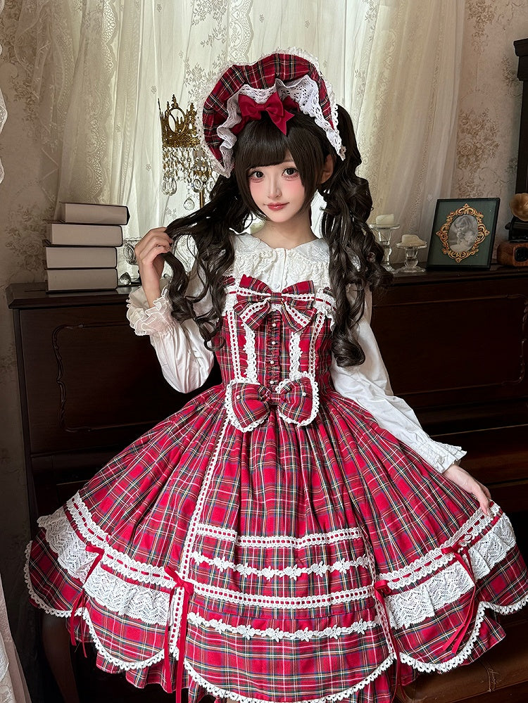 with Accents Skirt Scalloped Jumper Sweet Plaid Lolita Bow Edge Red Trim