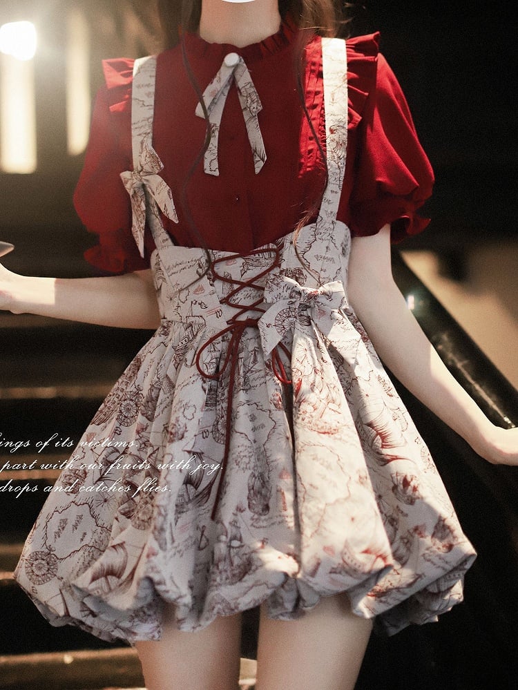 Wine Red Jacquard Overall Dress with Bubble Skirt Lace-up Waist