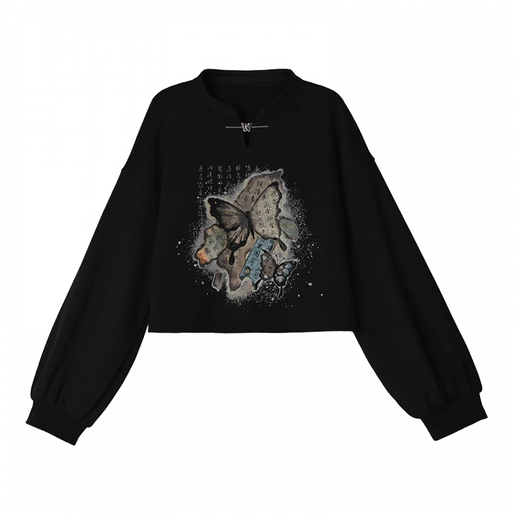 Banded Butterfly Print Sweatshirt Collar Style Cheongsam Black/Apricot