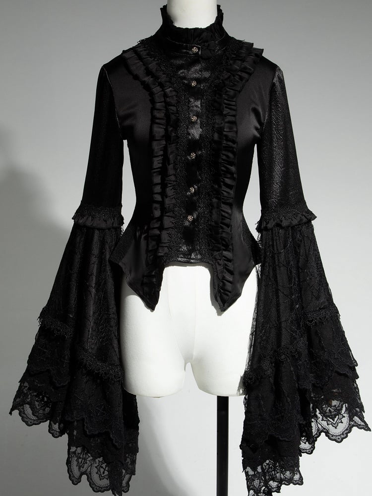 Neck Aristocrat Patched Fashion Lace Sleeves Black Shirt Ouji Bell Lolita Ruffled