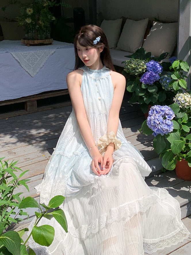Light Skirt Buttons Sleeveless Dress Halter Neck Bubble Blue Ruffled Bead