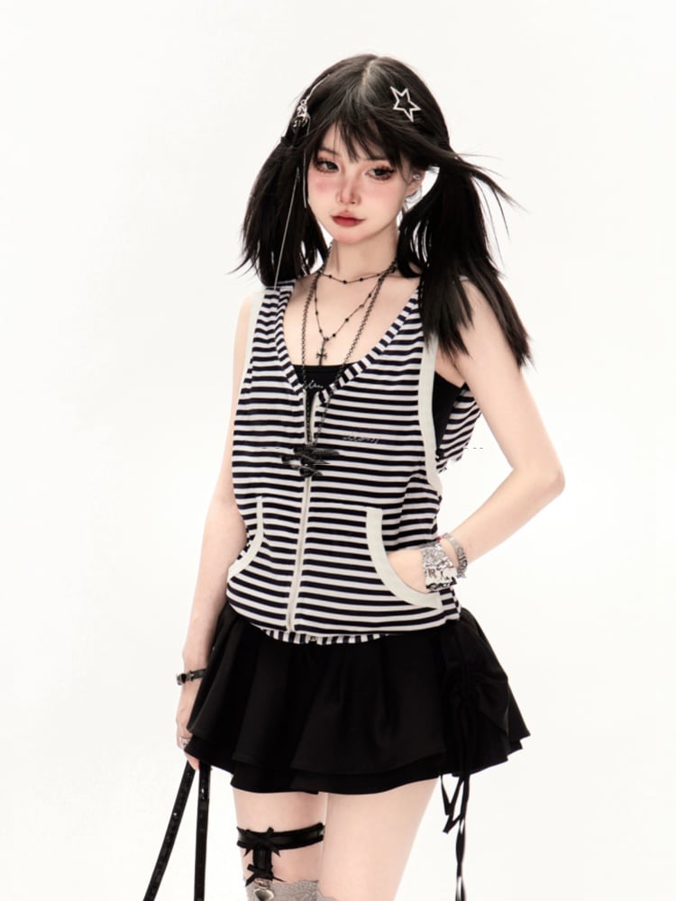 White Black Striped Pattern Backless Hooded Vest and