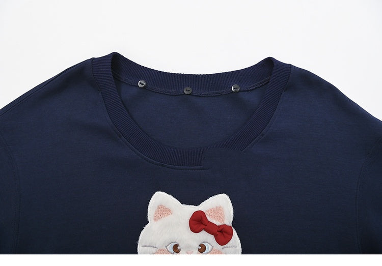 Sweatshirt with Detachable Red Applique Navy Kitty Embroidery Blue Collar Plaid