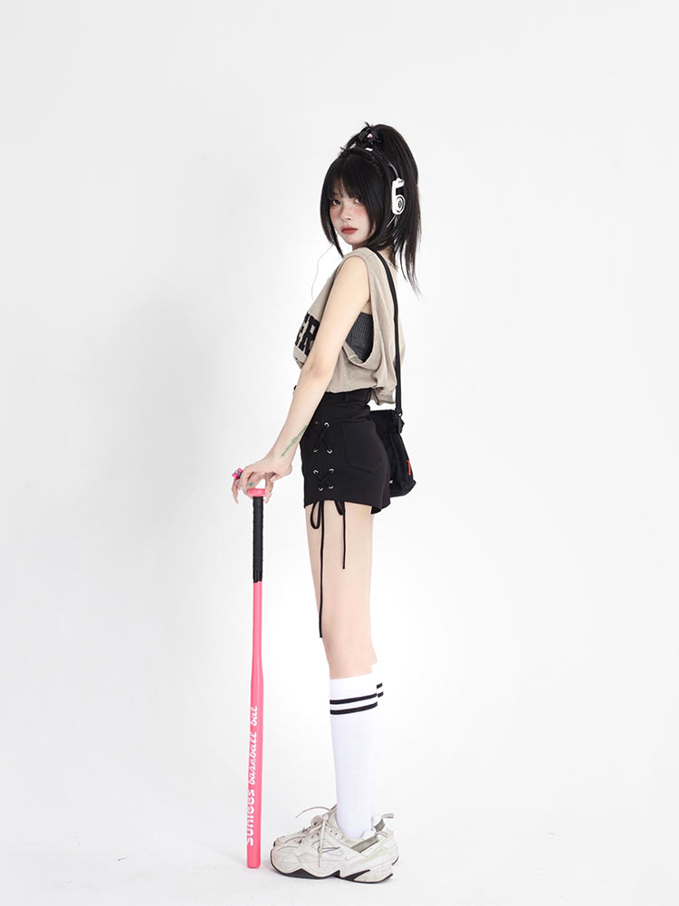 Lace-Ups Side Shorts Fly Crisscross with Button Black Summer