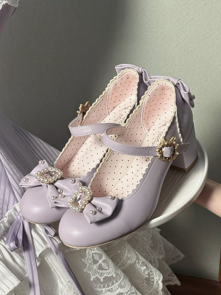 Janes Bowknot Lolita Details Perlen verziert Mary Strass Zehen rund und Schuhe lila