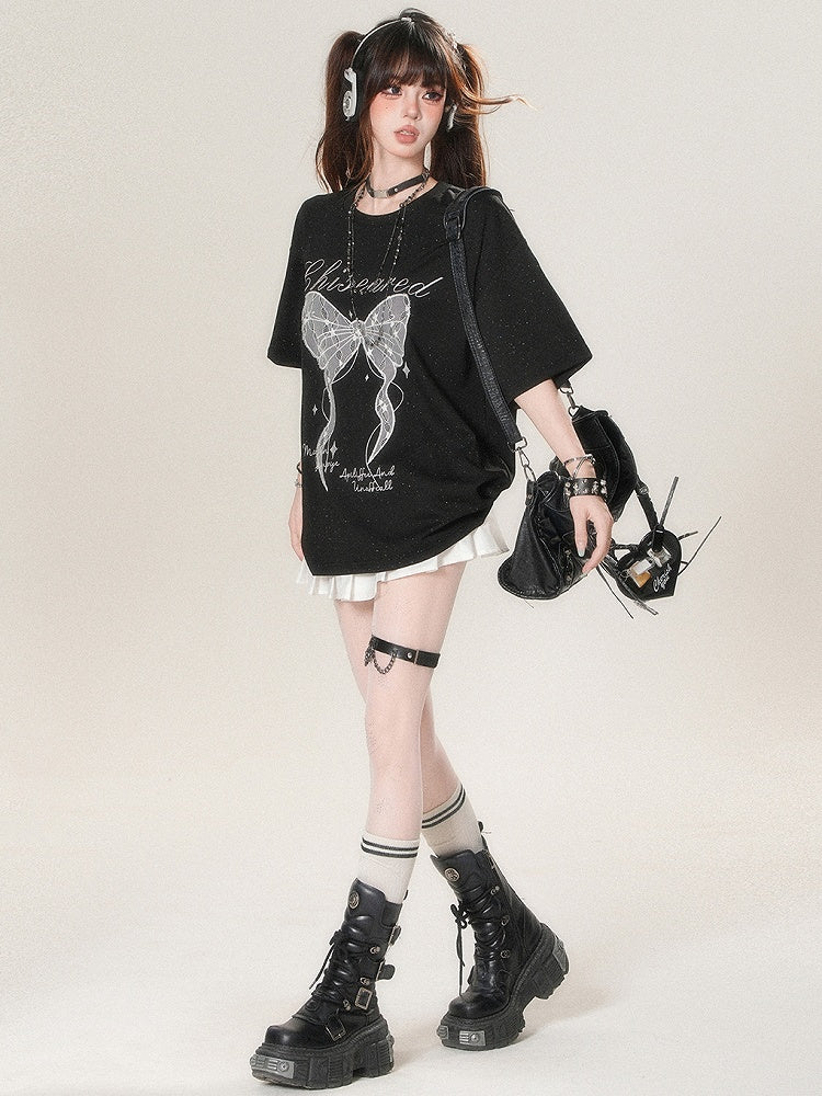 Kawaii T-shirt Print Applique And Daily Letter Bow Star Big White/Black