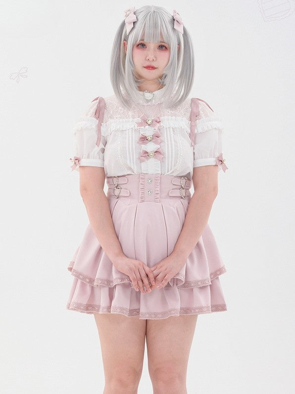 Bowknot Short Jirai Rhinestone Shirt Pleating Pink Details Sleeves Decorated Kei Heart