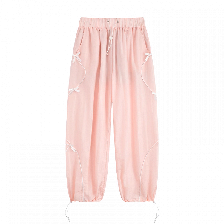 Details Wide-leg Casual Pants Pink Drawstring Waist and Cuffs Bowknot