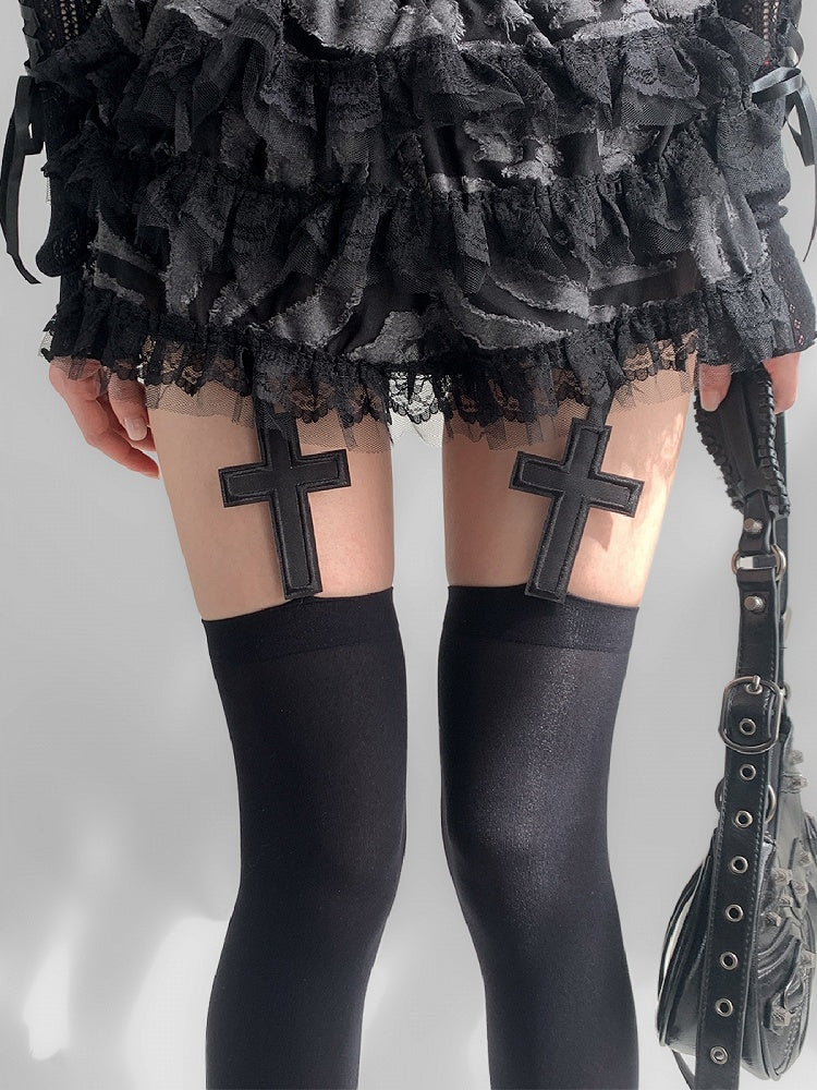 Suspender Applique Cross Stockings Black