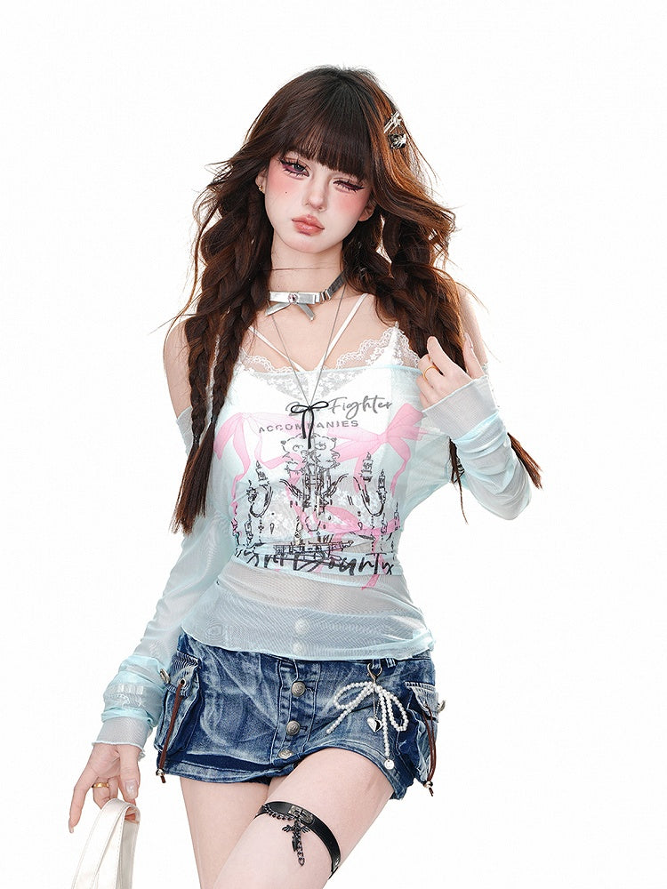 Print Mesh Glamouröse Bowknots Top Ausschnitt Blau/Weiß Halbtransparent Off-the-Shoulder