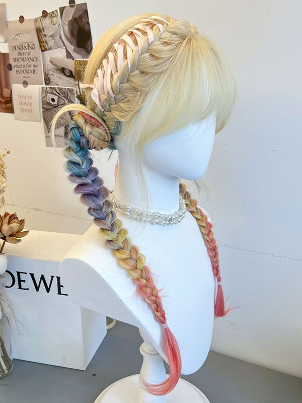 With Ponytails Rainbow + Braided Yellow Wig Synthetic Bangs Double Curtain