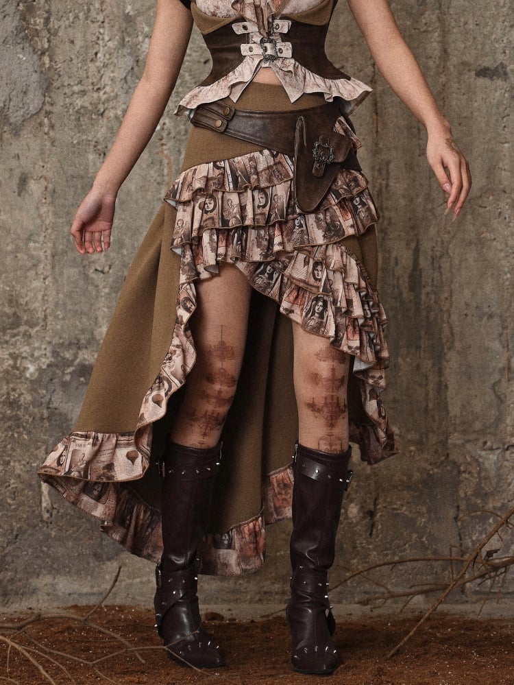 Brauner Steampunk Retro Öl Rüschenbesatz High-Low Rock