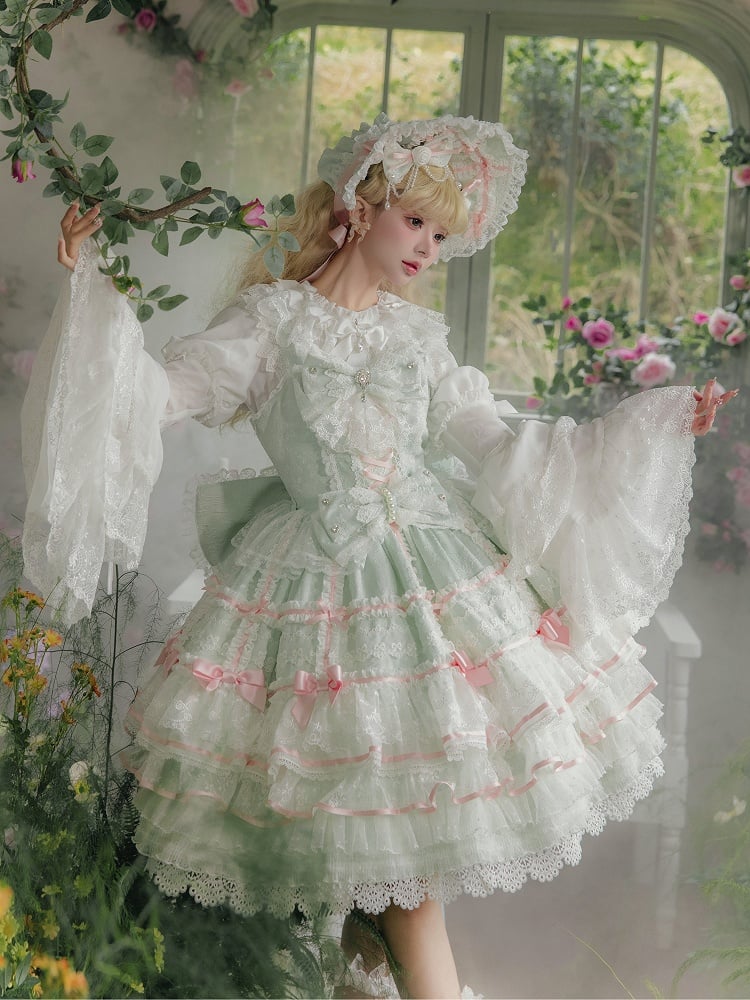 Mintgrüner Hanayome-Lolita-Pulloverrock mit Schleifenverzierung, süßes Hime-Lolita-Pulloverrock-Set