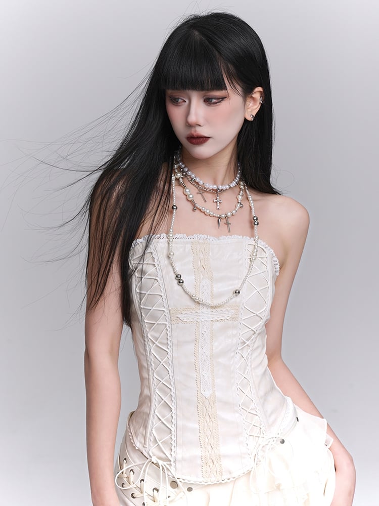Asymmetrical Hem Tiered Skirt Strapless Top Lace Lace-up Beige Cross Applique /