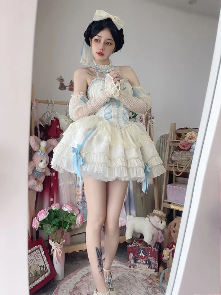 Cross Belle Beige and Blue Halter Neck Corset Dress Balletcore Lolita JSK